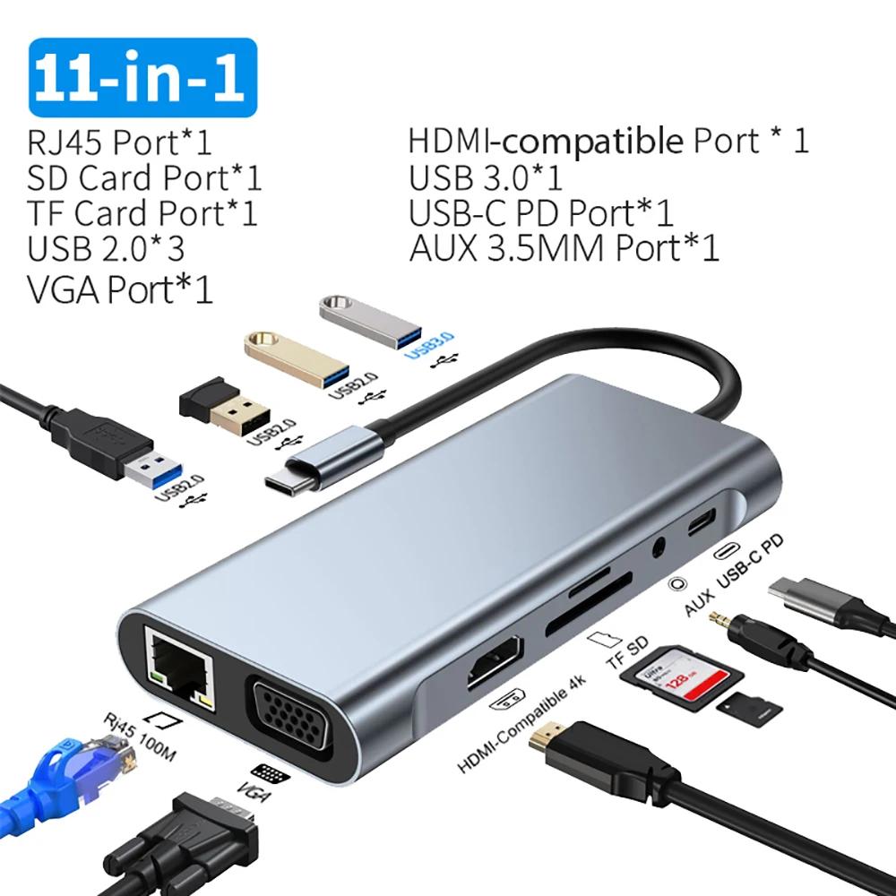 USB C HUB 4K 30Hz Type C to HDMI-compatible USB 3.0 Adapter 11 in 1 Type C HUB Dock PD 87W USB C Splitter for MacBook Pro Air