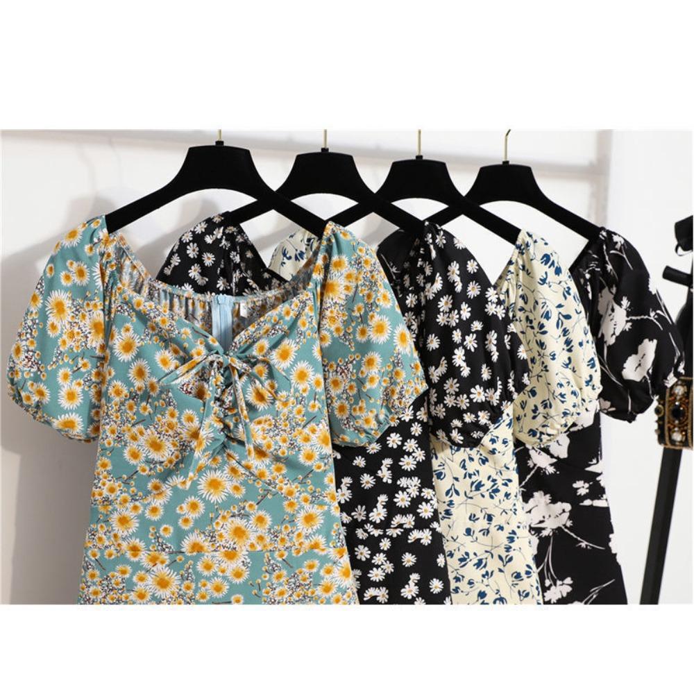 Женская мода лето весна цветочный принт с коротким рукавом V-образным вырезом с высокой талией повседневные платья