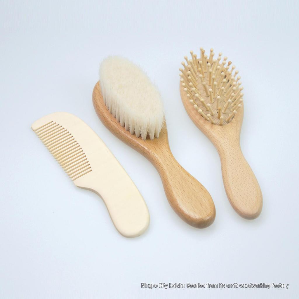 Beechwood Infant Hair & Bath Brush Set: Detangling, Massage, Air Cushion Brush & Flat Comb.