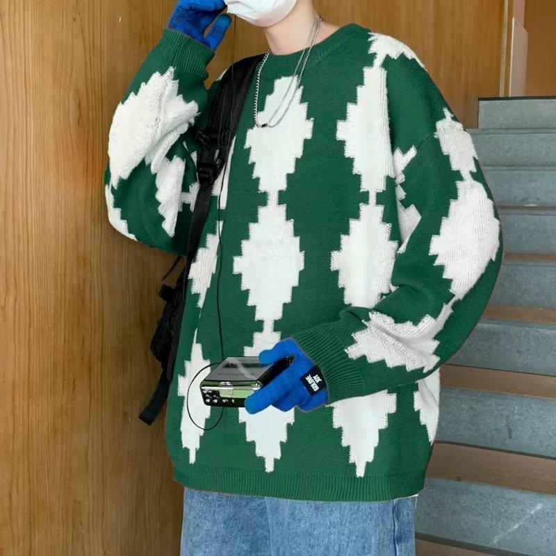 Джемпер с круглым вырезом в цветных блоках для мальчиков на осень и зиму, свободный и универсальный свитер с ромбами, модный универсальный вязаный свитер для пары