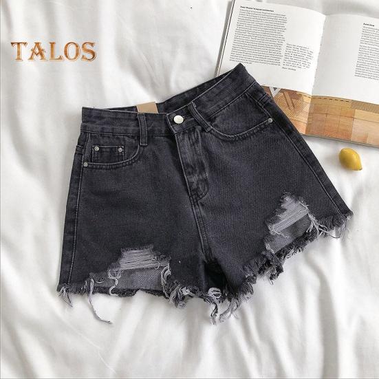 Summer Women Denim Shorts High Waist A-line Solid Color Ripped Button Zipper Closure Retro Pockets Slim Fit Above Knee Length Short Pants