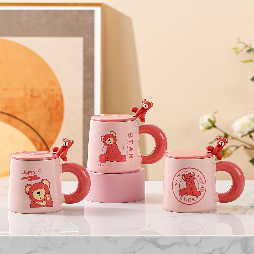 Милая мультяшная керамическая чашка Розовая кружка с медведем с крышкой и ложкой Чашка для питья воды для девушки с высоким вкусом Офисная кофейная чашка