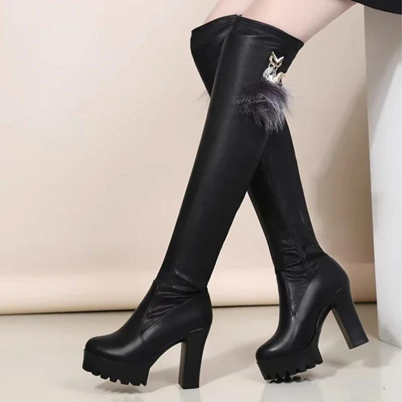 Сексуальные высокие сапоги для женщин, осенне-зимние эластичные сапоги выше колена для женщин, черные туфли на каблуках и длинной подошве Zapatillas De Mujer