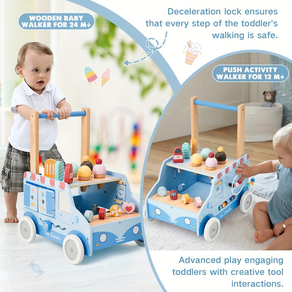 Деревянная детская ходунка, Ходунка-каталка для детей 12 мес.+, Многофункциональная тележка с мороженым, Регулируемая скорость, Обучение ходьбе с колесами