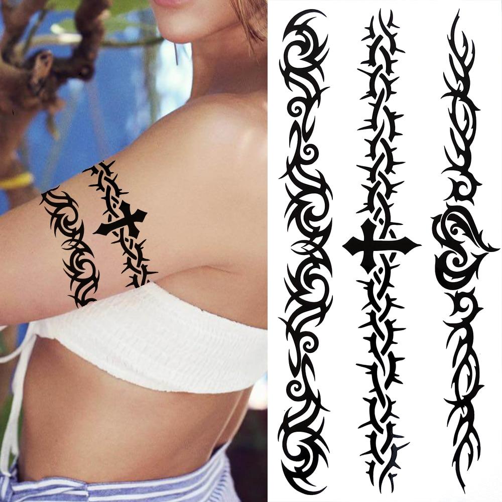 Черный Племенной Браслет из Ротанга Временные Татуировки Для Женщин Взрослых Реалистичные Татуировки Дракона Скорпиона Крест Креста Поддельные Наклейки Татуировки