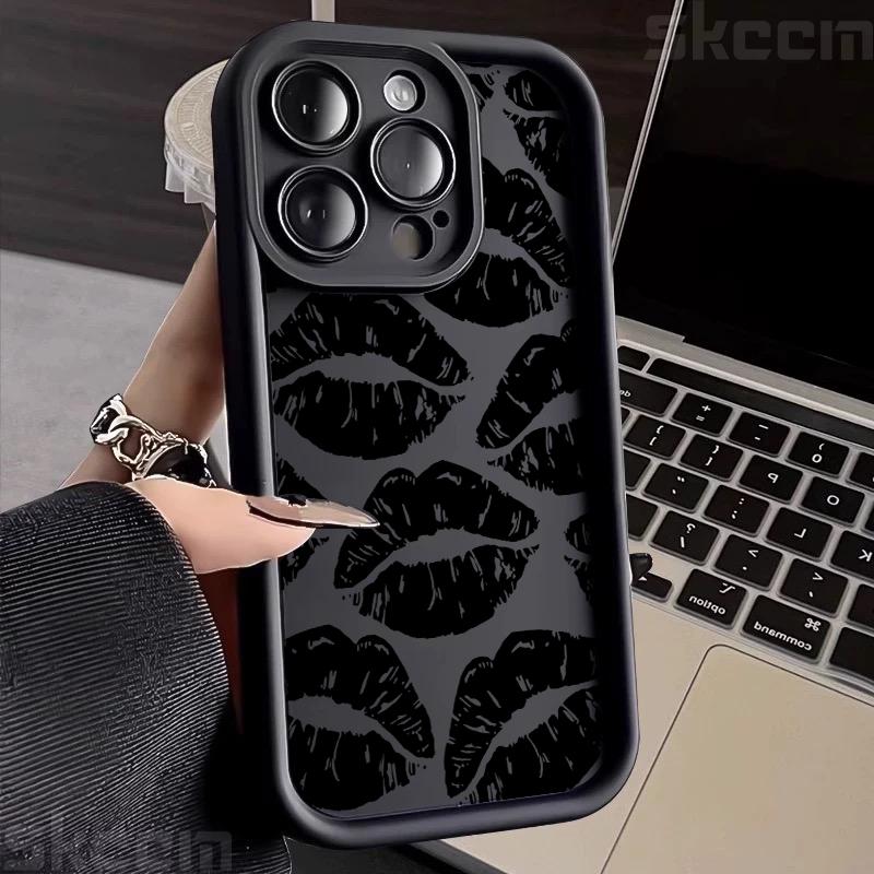 Black Lips Kiss Print Silicone Soft Case For Samsung Galaxy S25 S24 Ultra S23 S22 Plus S21 S20 FE A55 A54 A15 A35 Cover