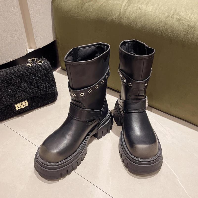 Fashion Platform Heel Women Western Cowgirl Boots Fashion Slip On Belt Buckle Short Boots Autumn Winter Thick Bottom Women's Shoes