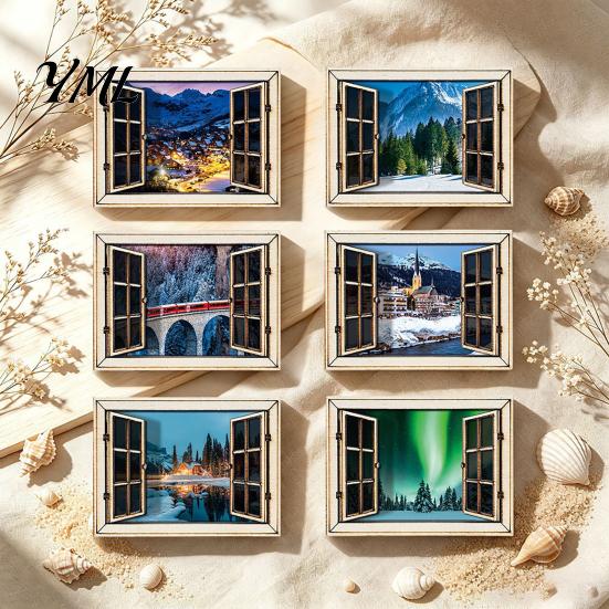 Wooden Window Ornament 1/6Pcs Fake Fridge Magnet, Natural Scenery Refrigerator Magnet Magnetic Decoration for Kitchen Office Whiteboard Landscape