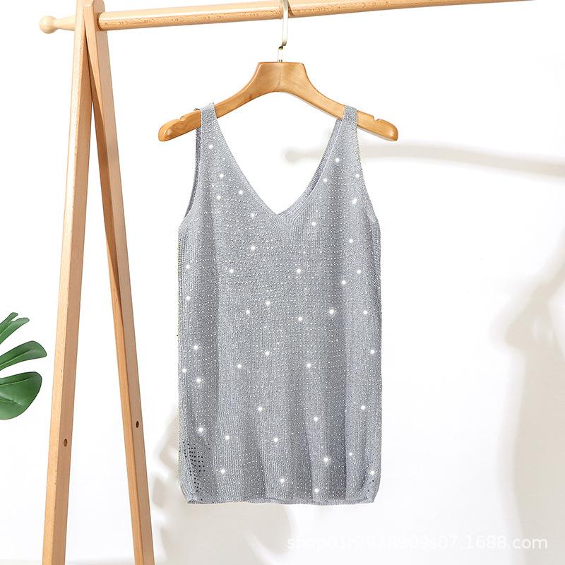 Женская рубашка из ледяного шелка с бриллиантами, женская свободная короткая рубашка без рукавов с диким v-образным вырезом, майка, летние майки и майки