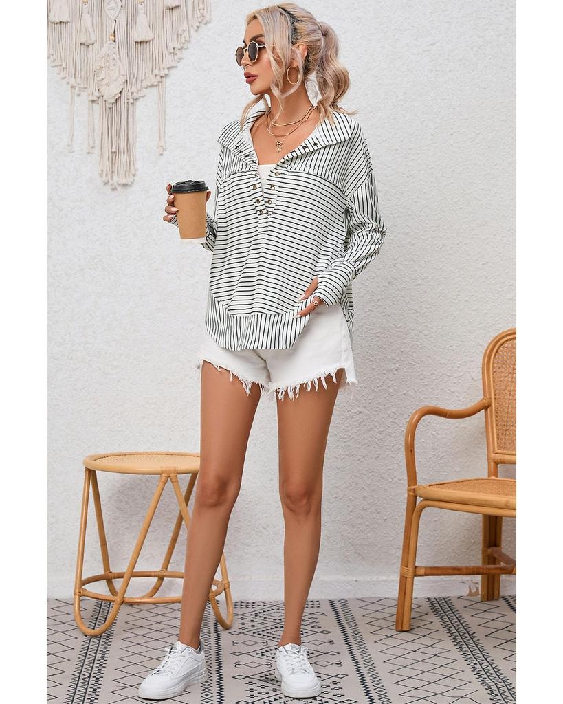 Azura Exchange Striped Thumbhole Drop Shoulder V Neck Top