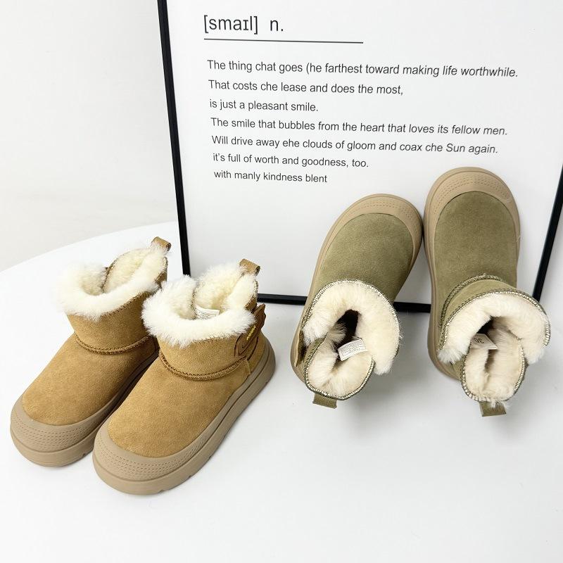 Детские теплые зимние ботинки кожа и мех короткие ботинки водонепроницаемые и нескользящие хлопковые ботинки на один шаг