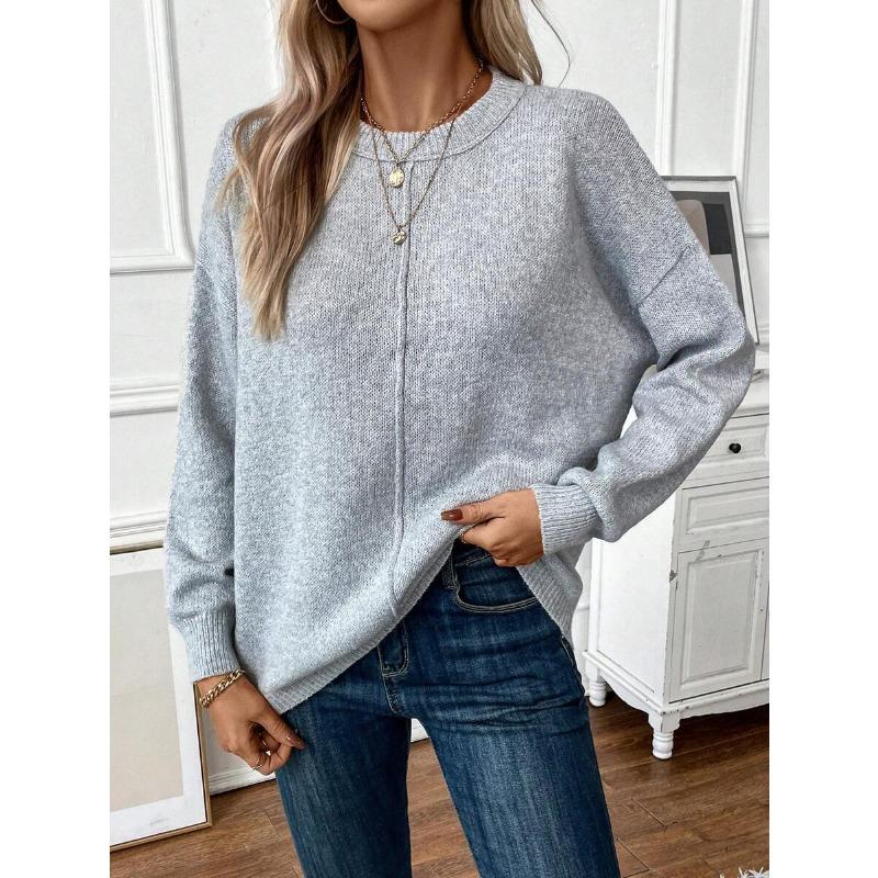 Осенне-зимний женский свободный однотонный вязаный свитер с круглым вырезом