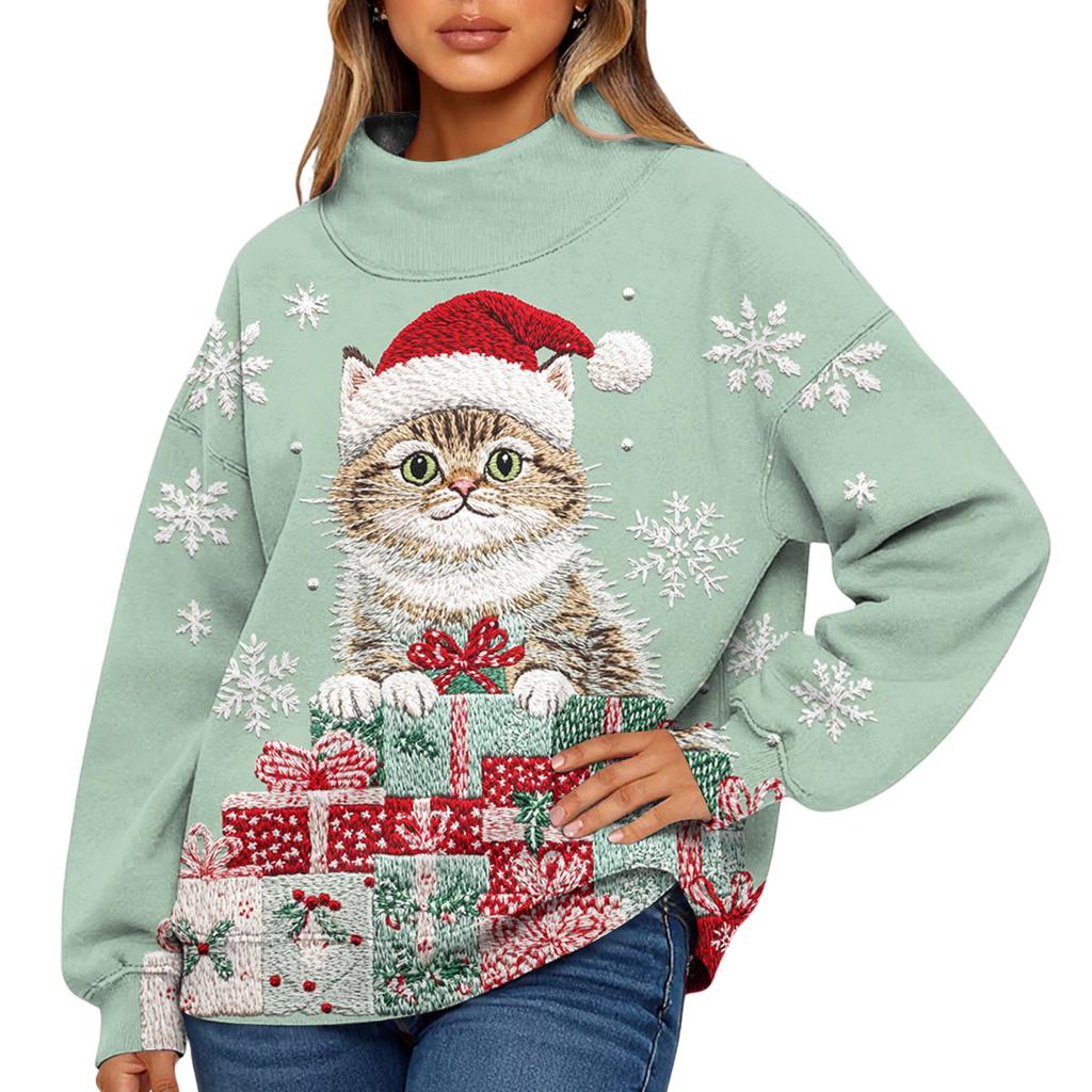 Ladies' Fashionable Christmas Printed Long Sleeved High Neck Sweatshirt Top