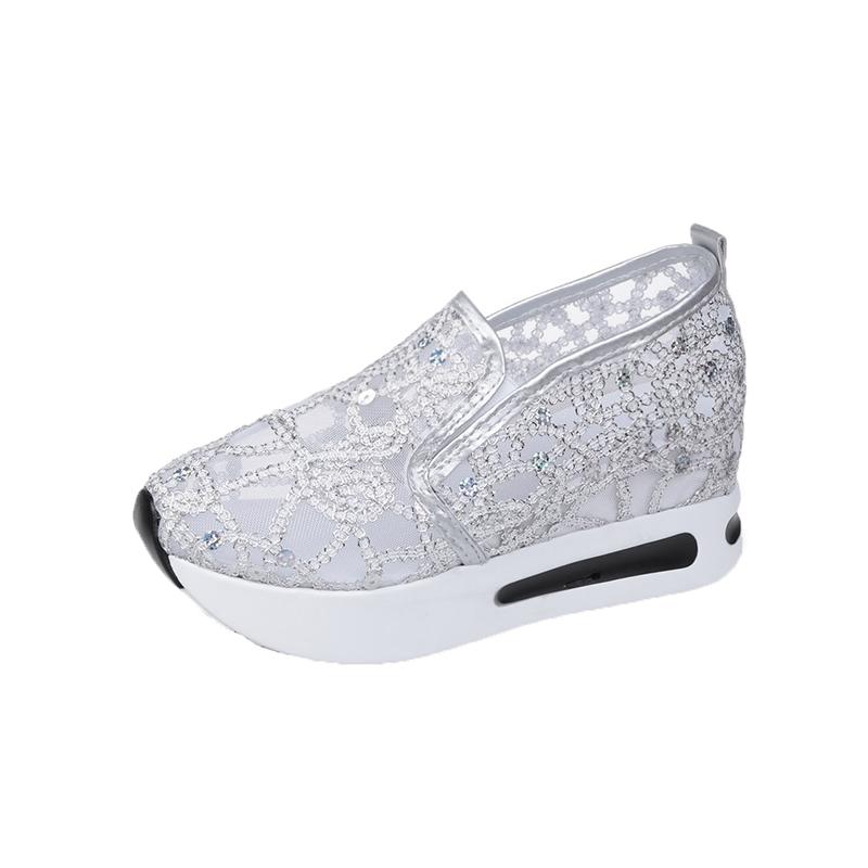 Женские кроссовки на танкетке с цветочной вышивкой, женские сетчатые кроссовки без шнуровки, повседневная удобная обувь на каблуке, женские размеры 35–42