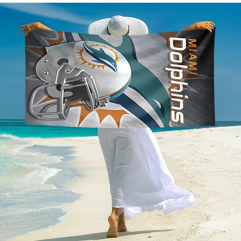 proof beach towel with Miami Dolphins logo pattern - soft,absorbent,quick-drying,machine washable - perfect for swimming,camping,bathing