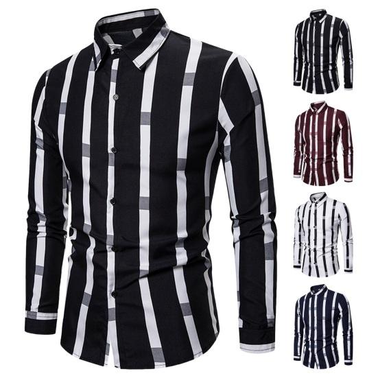 Весенняя мужская рубашка контрастного цвета с полосатым принтом, тонкие длинные рукава, отложной воротник, свободный однобортный формальный деловой стиль, повседневный топ