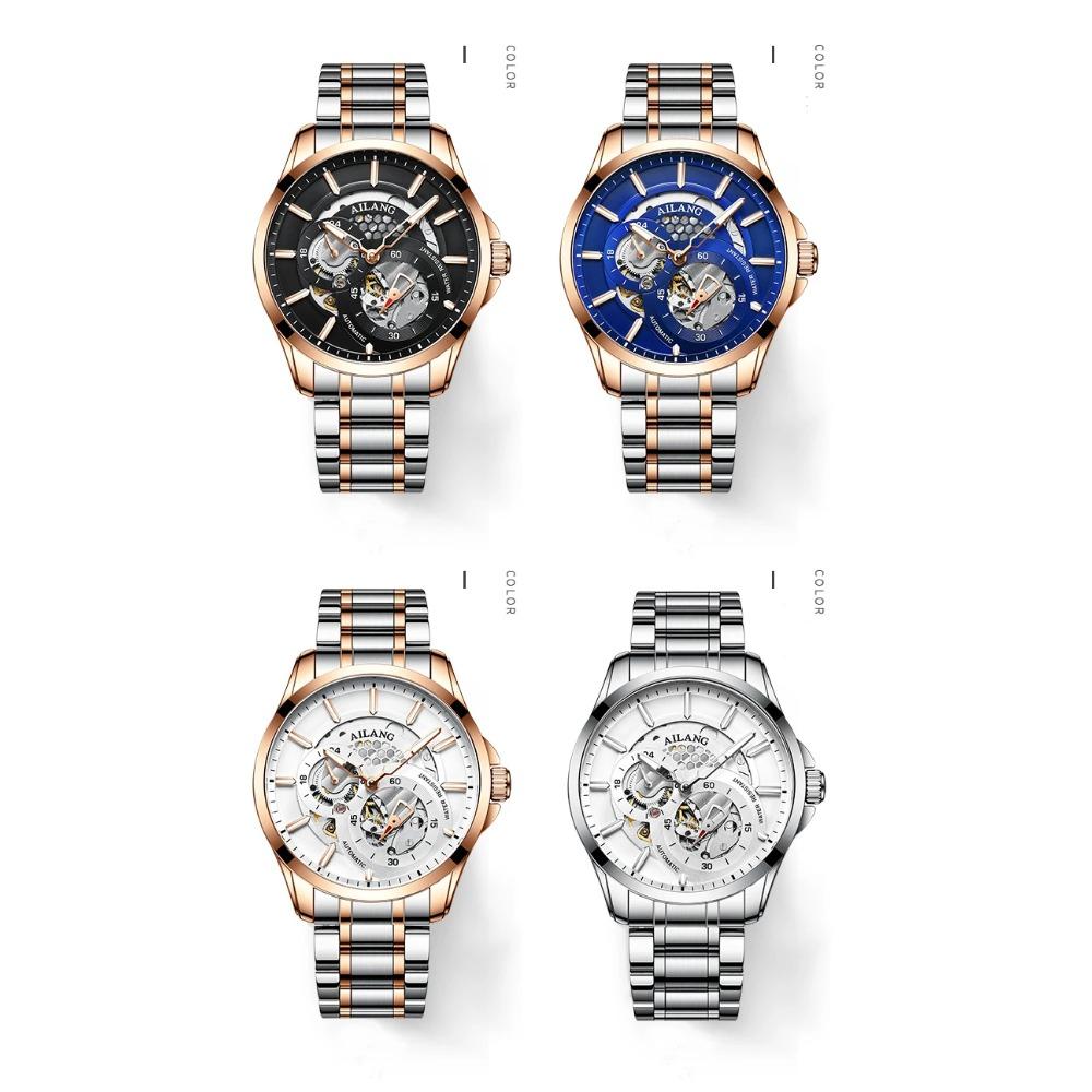 AILANG Men Automatic Mechanical Wristwatch Hollow Skeleton Dial Stainless Steel Band Business Sport Male Watch
