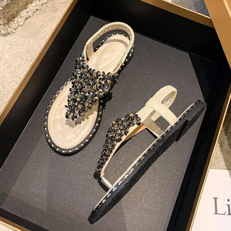 Sandals for Women Summer 2025 Rhinestones Beach Ladies Shoes Diamond Footwear Open Toe Comfort Comfortable and Elegant Vip F H