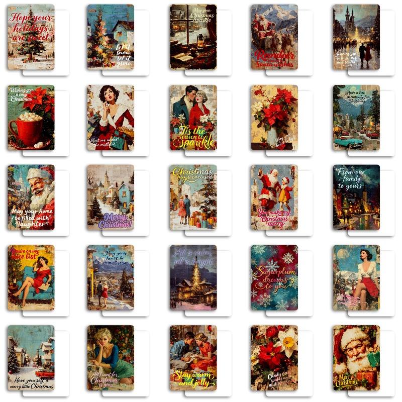 50-PCS Vintage Style Illustrated Christmas Cards with Typography Design, Creative Art Greeting Cards for Holiday Wishes