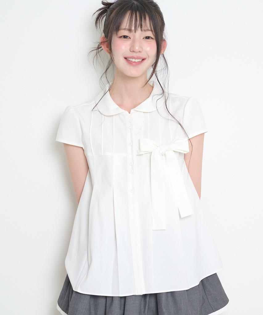 ILLIGO Ribbon Pleated Short Sleeve Blouse White
