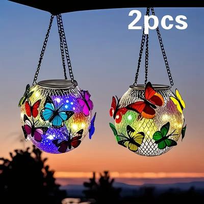 2 шт. Фонари-бабочки на солнечной батарее - Яркие металлические подвесные уличные фонари с красочными узорами бабочек, Идеально подходят для заборов, крылец, садов