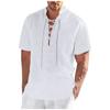 Men's Spring Summer Casual Fashion Drawstring Cotton Linen Solid Colour V-neck Short Sleeve