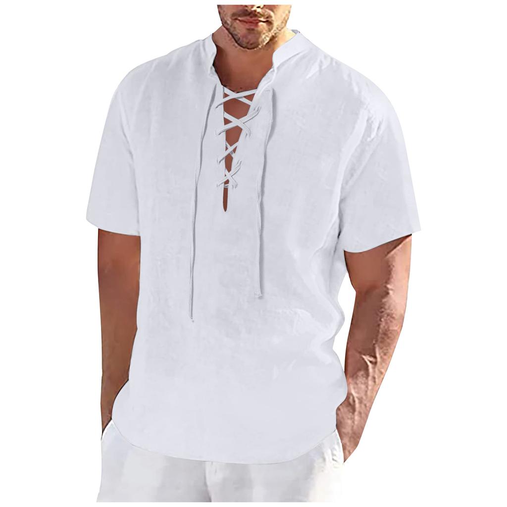 Men's Spring Summer Casual Fashion Drawstring Cotton Linen Solid Colour V-neck Short Sleeve