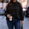 Autumn Women's Pullover Net Wooden Ear Trim Round Neck Long Sleeve Shrunken Pleated Strapless Plus Size Top
