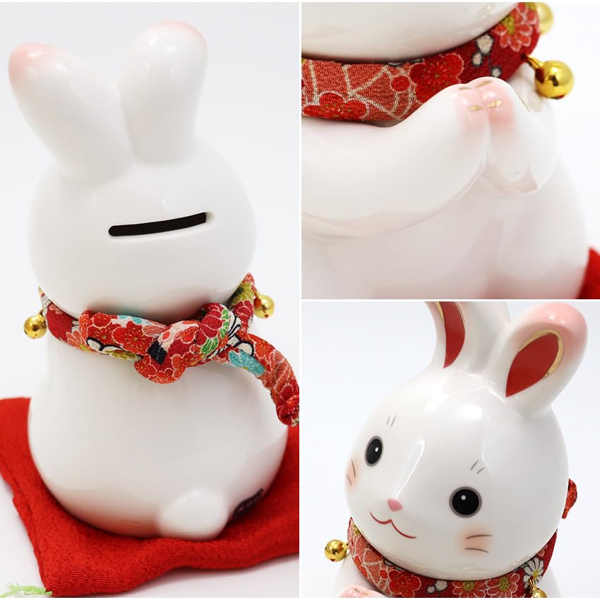 Osaka Choseido Ceramic Rabbit 17cm Comes with a Free Original Wooden Good Fortune Rabbit Figurine, Tall, Tag, (Piggy Bank)