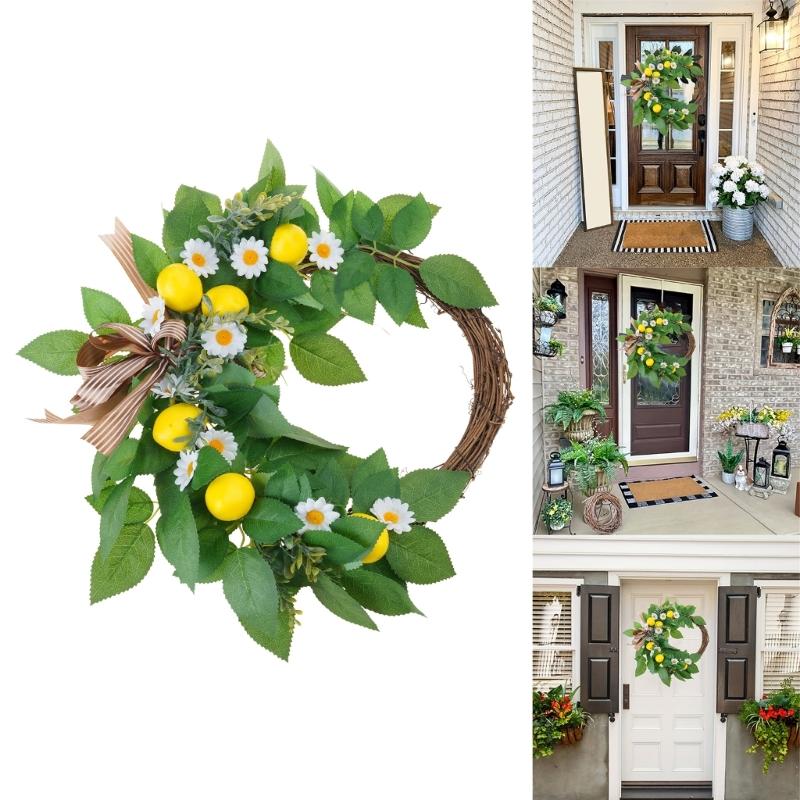 Artificial Bowknot Wreath with Lemon for Front Door, Spring Wreath for Front Door Farmhouses Outdoor Wedding Decorations