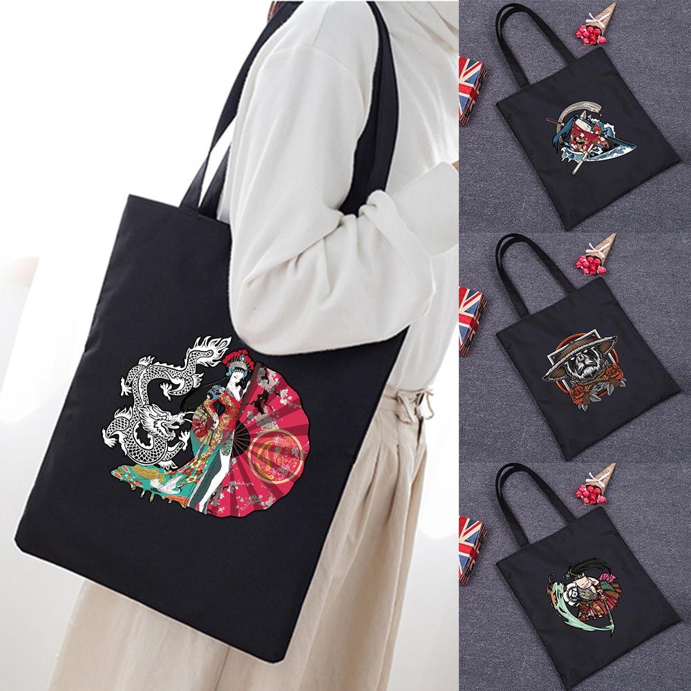 Women Bag Shopper Large Capacity Eco Canvas Cotton Shopper Foldable Fashion Black Cartoon Pictures Handbag Canvas Tote Bag