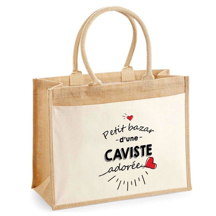 Sac de plage - PLANETEE - Jute poche Bazar d'une Caviste - Coton imprimé France - 43x33 cm - Anses bandoulière