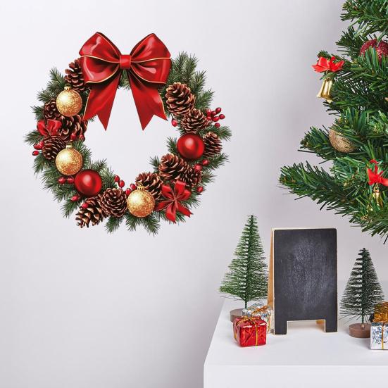 Рождественские наклейки Венок Наклейки на стену Красный бант Узоры шишек Наклейки Съемный ПВХ Праздничный декор для гостиной Спальни Офиса