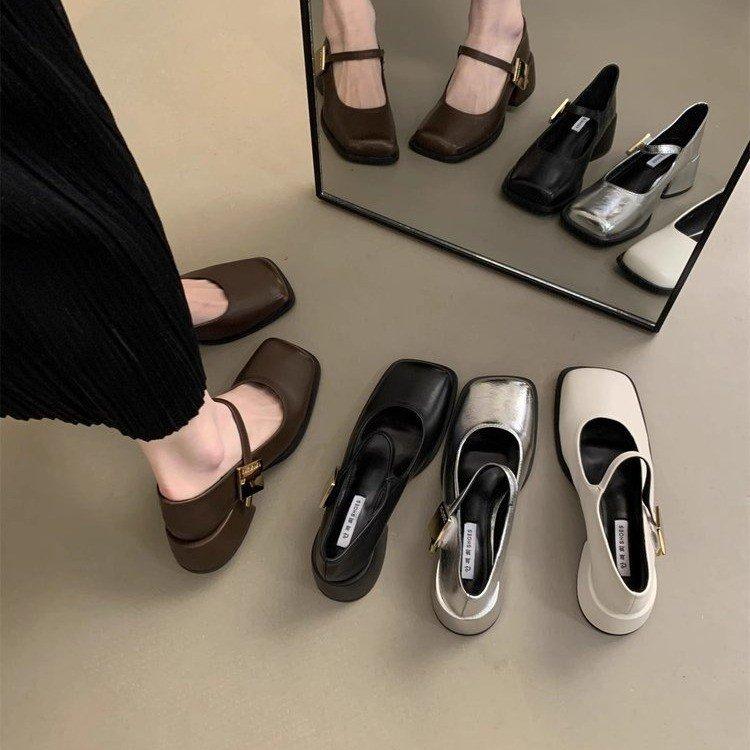 Fashion 2024 Autumn New Women Fashion Square Toe Close Toe Ankel Strap Mules Ladies Elegant Mary Jane Ballet Shoes Mid Heel Dress Pumps