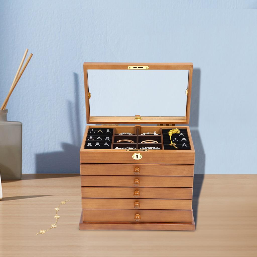 Bymaocar 6-слойная шкатулка для хранения ювелирных изделий с зеркалом, запирающаяся, изысканный резной держатель для хранения, декор, компактный органайзер для туалетного столика