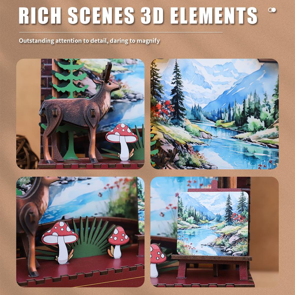 OCHOICE Drop Shipping MOQ=1 Themed Book Nook Kit Mountain Forest Deer LED Miniature DIY Craft for Adults 3D Wooden Puzzle