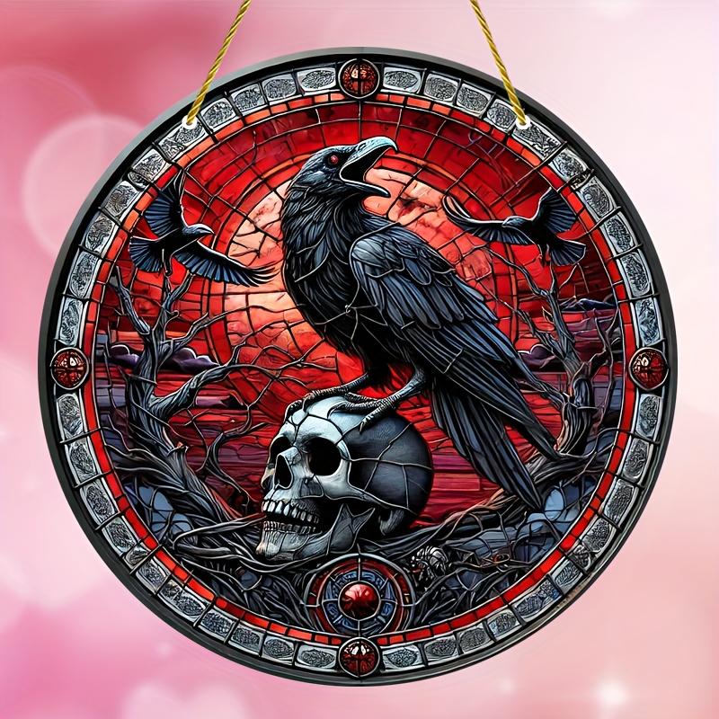 Crow Suncatcher 8"x8" - красочное искусство черепа для окон и стен, идеально подходит для любого сезона, декор крыльца и сада, идеальный подарок, украшения на Хэллоуин
