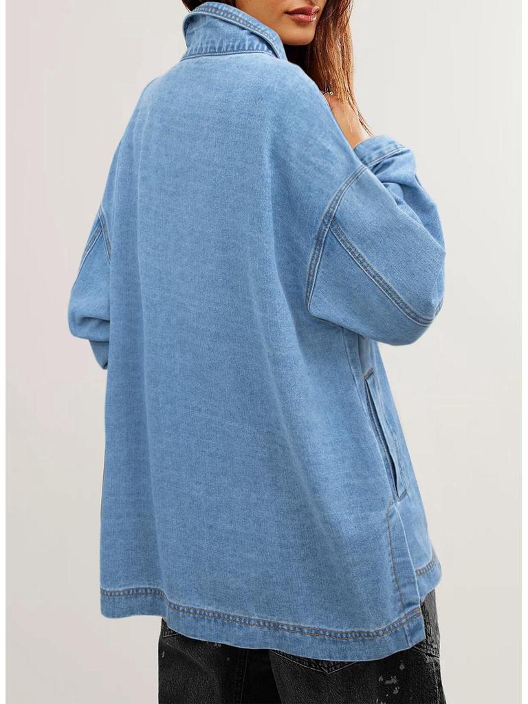 Женская джинсовая куртка в европейском и американском стиле с большими карманами и длинными рукавами на пуговицах