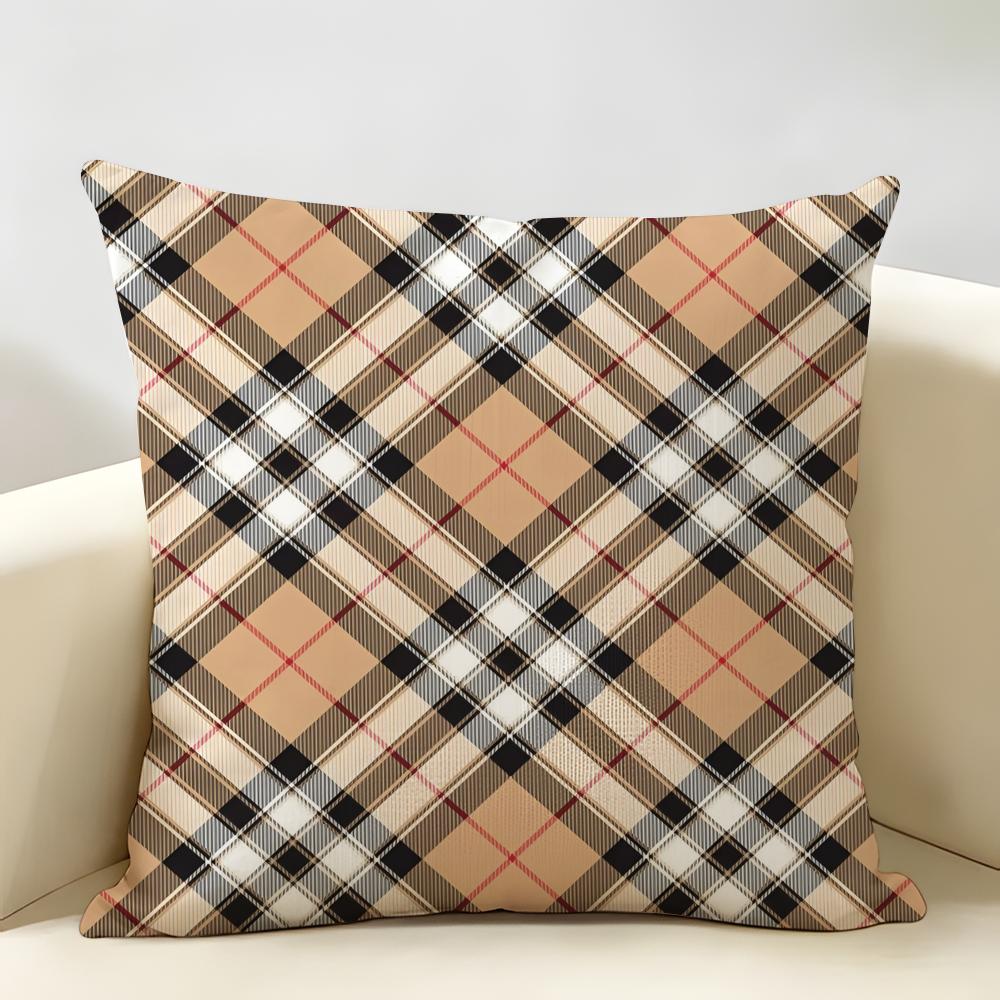 Classic Brown Plaid Cushion Cover Natural Linen Organic Fabric Double-Sided Printing Breathable Perfect For Home Decor
