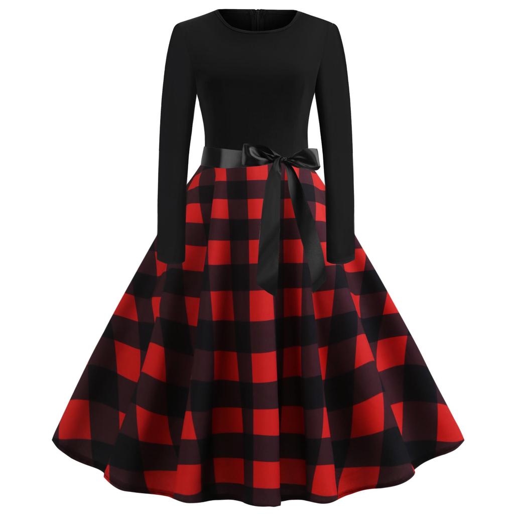 Платье в стиле ретро с длинными рукавами и круглым вырезом с цифровым принтом