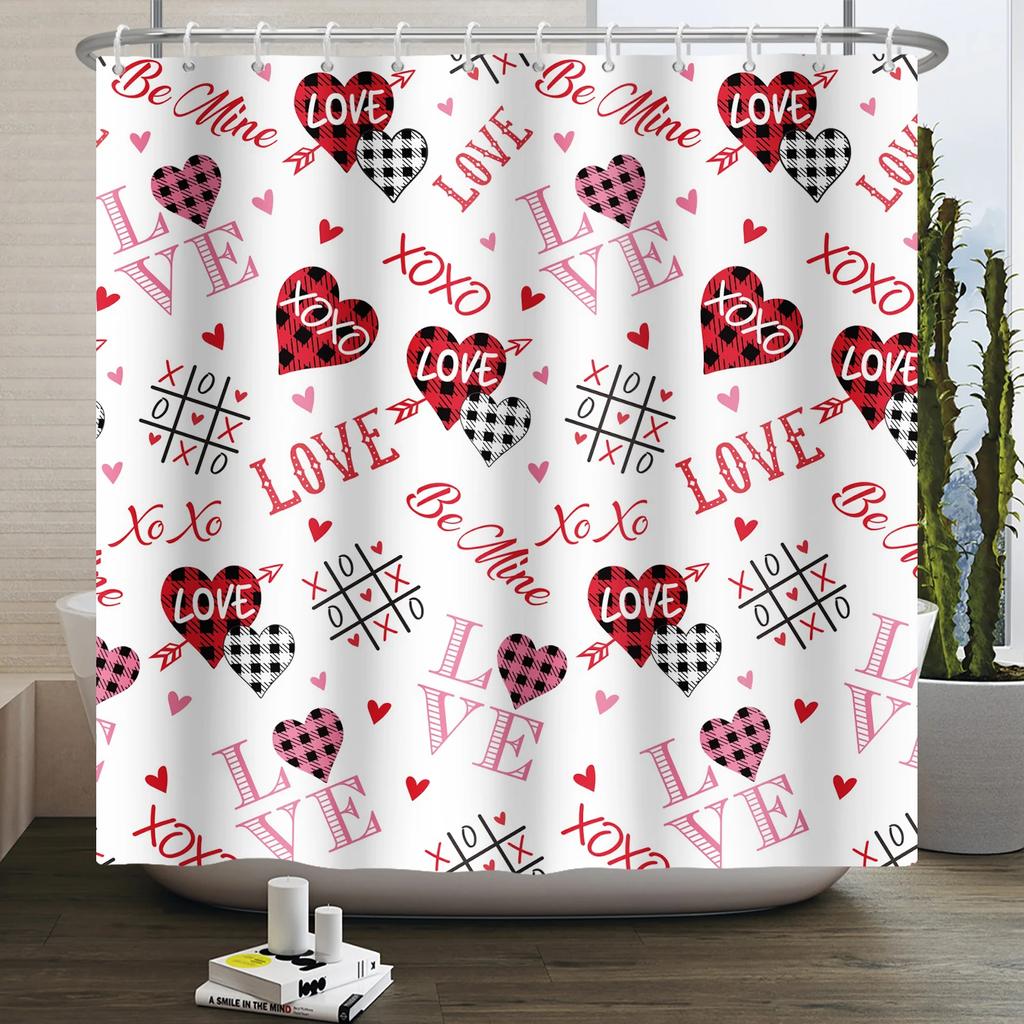 Happy Valentines Day Heart Shower Curtain Red Pink Romantic Falling Love Heart Sweet Lovers Waterproof Bathroom Curtain Decor