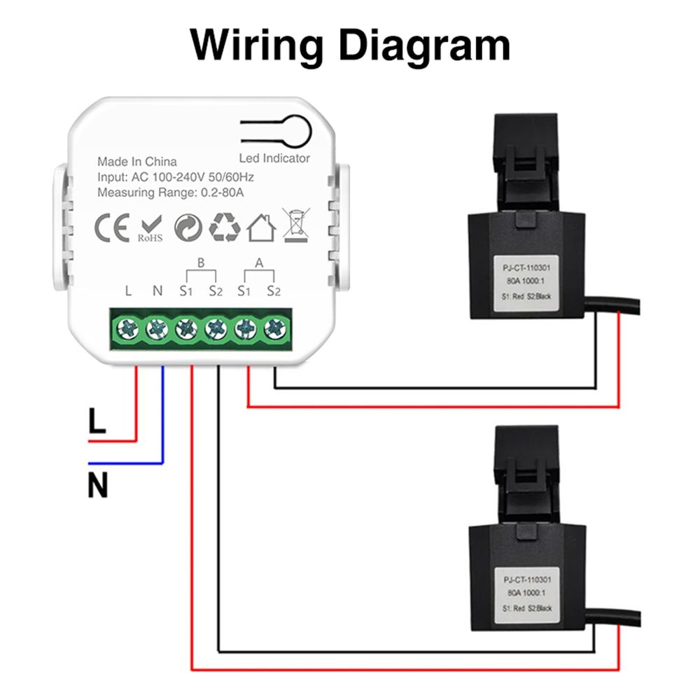 Smart Energy Meter Power Consumption Monitor with 2 80A CT Clamp Electrici Statistics Current Electrici U for Detecting Solar Photo