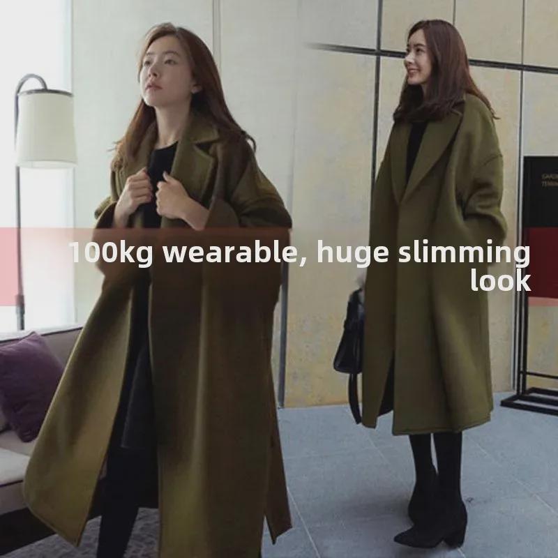 Korean Style Women's Wool Coat, Large Size, Loose Fit, Thickened for Autumn and Winter, Mid-Length.