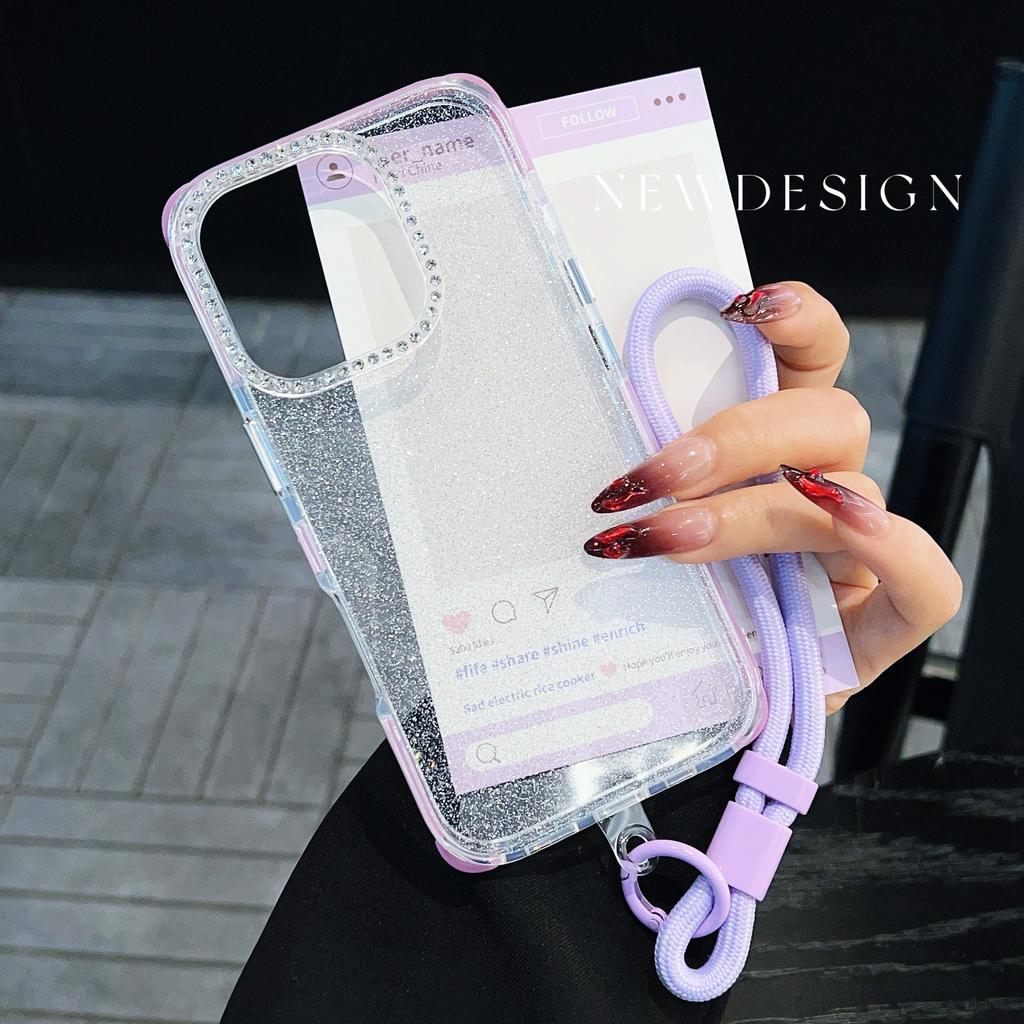 For iPhone 16 Pro Max Case Rhinestone Decor Glitter TPU Anti Drop Phone Cover with Adjustable Wrist Strap