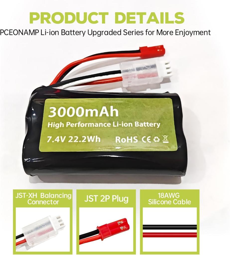 7.4V 3000mAh 15C 2S Li-ion Battery with JST-2P Plug and USB Charging Cable – for UDIRC UD1601 UD1602 SG1603 RC Car 1/10 1/12 1/16