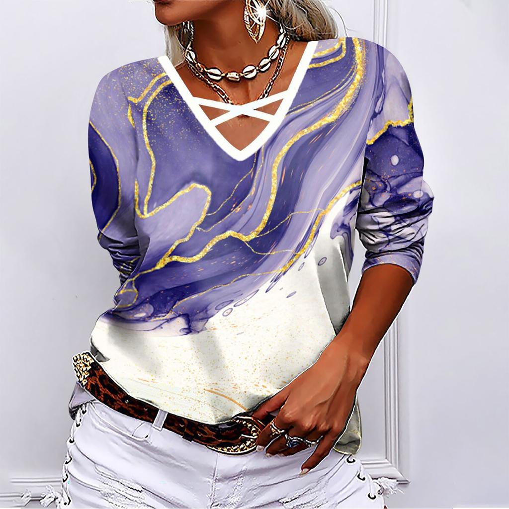 Женская повседневная футболка с v-образным вырезом и длинным рукавом с перекрестным принтом и принтом