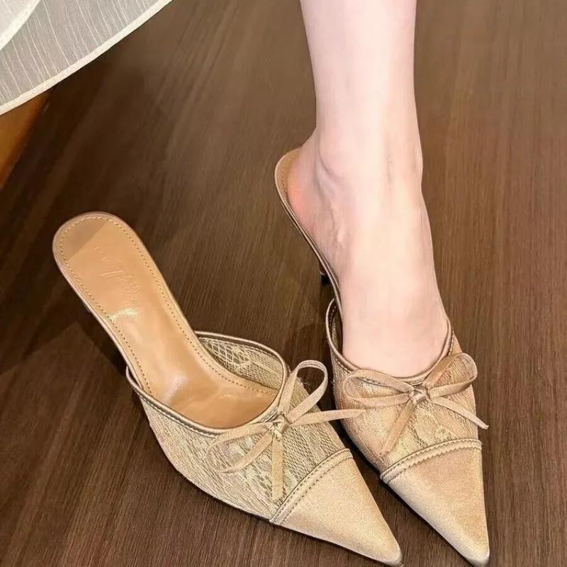 2025 Hot Sale Women's Shoes Closed Toe Women's Slippers Fashion Butterfly-knot Dress Slippers Women Summer Solid Heels Women