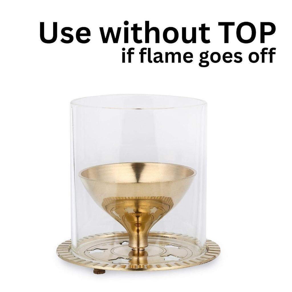 5 inches Medium Gold Brass Akhand Diya with Borosilicate Glass Cover for Puja Aarti & Home Decoration - Oil & Camphor Lamp