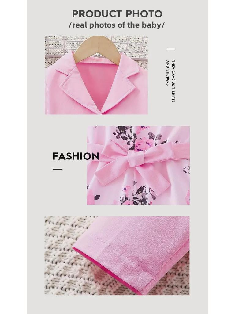 Комбинезон с цветочным принтом и розовой курткой в европейском стиле из двух предметов для девочек