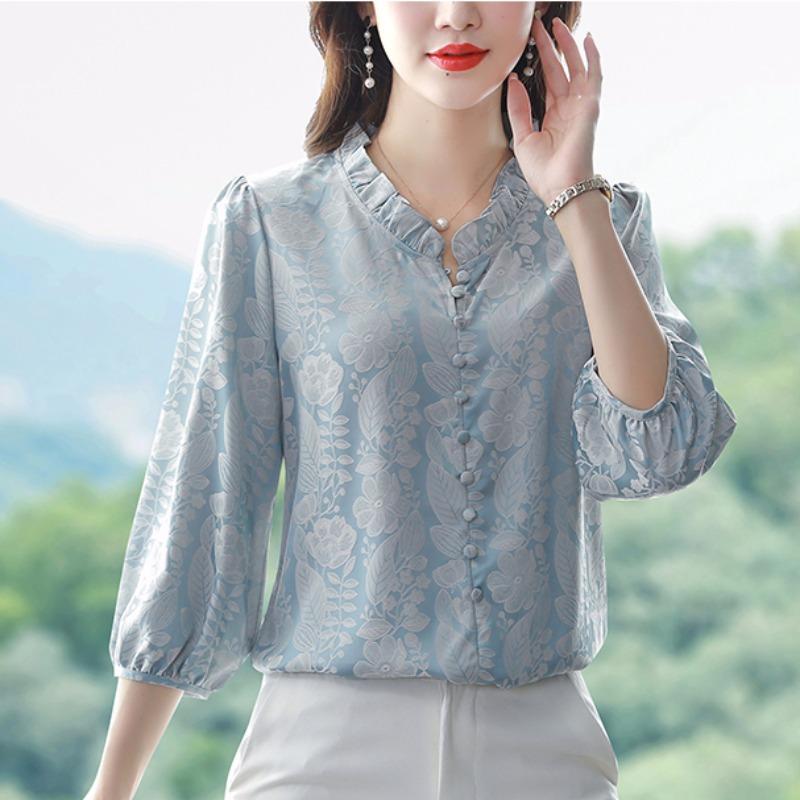 Satin T-shirt for Women In Spring with Three Quarter Sleeves Black Fungus Edge V-neck Shirt Meat Cover Shirt Blouses & Shirts